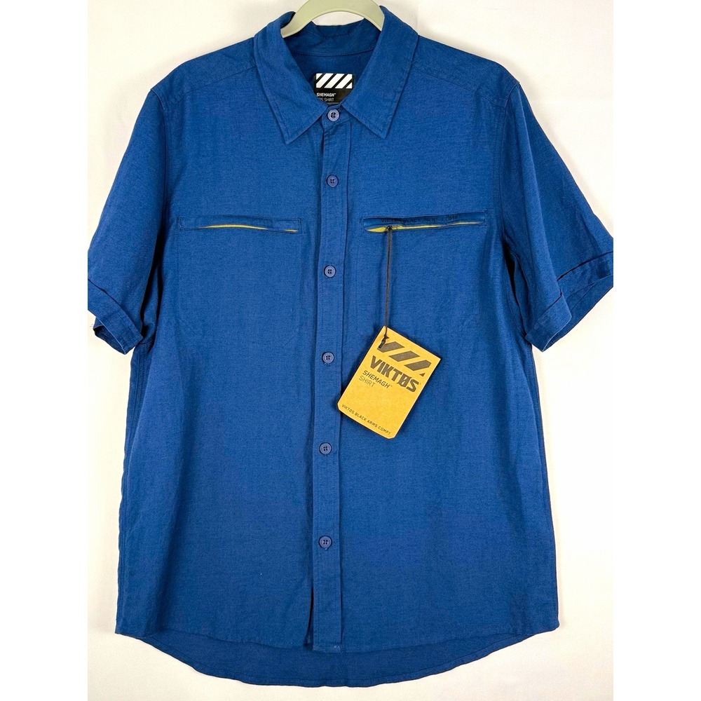 Viktos Shemagh Ops Shirt Mens S Blue Solid Short Sleeve Button Up Pockets Linen